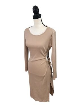 Side-Ruched Long Sleeve Midi Dress in Taupe